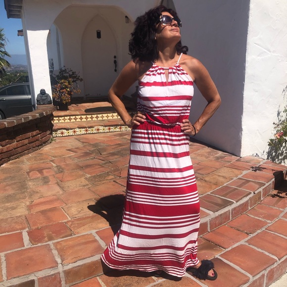 Full length MAXI resort style dress red/white - Picture 1 of 6